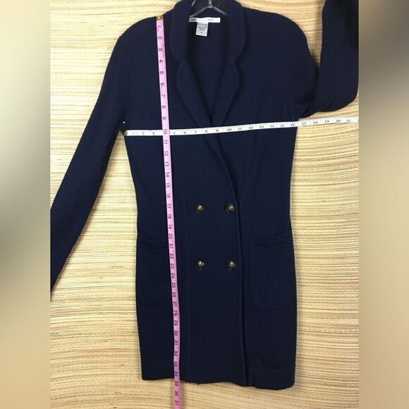 Diane Von Furstenburg 100% Cashmere Double Breasted Long Cardigan-Coat Navy Sz P - Picture 12 of 12